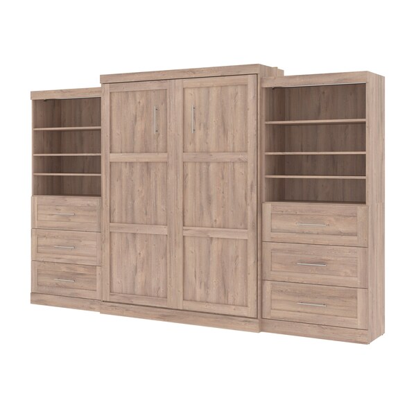 Pur Queen Murphy Bed and 2 Shelving Units with Drawers (136W) in rustic brown